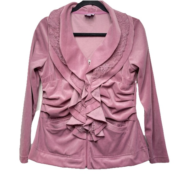 Y2K Pink‎ Ruffle Lace Velour Zip Up Size Small Coquette Dollcore Softgirl - Picture 12 of 12
